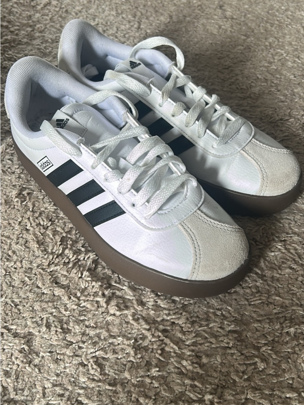 adidas mens White Sneakers with Black Stripes and Brown Gum Sole